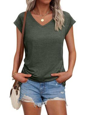 Womens V Neck T Shirts Spring Summer Cap Sleeve Basic Tees Trendy Cute Tops for